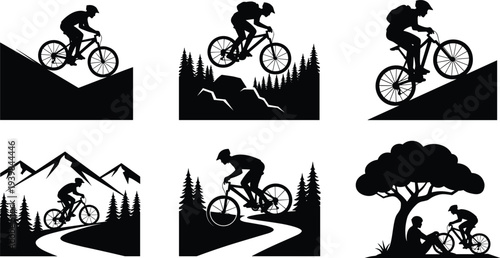 Mountain biking silhouette collection with cyclist riding on hills, forest trails and mountains, outdoor adventure sports icons set, biking activity vector illustration