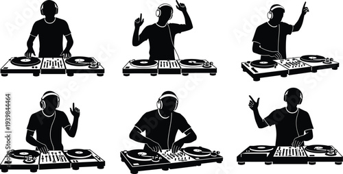 DJ silhouette set performing music with turntables and mixer, disc jockey wearing headphones mixing tracks, nightclub party entertainment concept isolated on white background