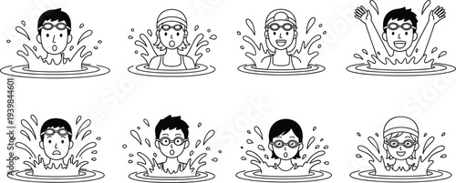 Swimming children faces collection with goggles and swim caps splashing in water, playful kids expressions, pool activity icons for sports, recreation and education design