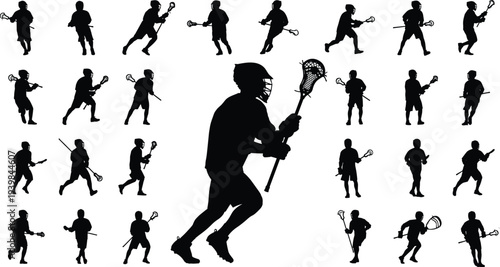 Lacrosse player silhouettes collection showing athletes running, passing and shooting with stick and helmet, team sport action poses isolated for sports design