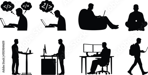 Programmer and remote worker silhouettes collection showing coding, laptop work, software development, freelance lifestyle, office desk setup and modern digital workspace concepts