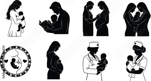 Collection of pregnancy and parenthood silhouettes showing mother, father, newborn baby care, prenatal bonding, family love, obstetric doctor and nurse icons for healthcare design
