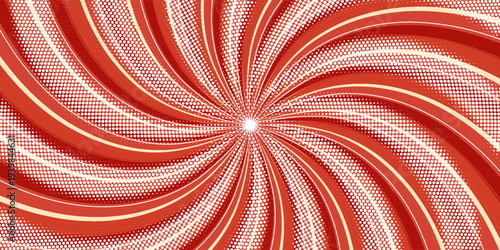 Retro red background with vintage circus sunburst. Psychedelic colorful swirl poster, abstract pattern in 70s carnival style. Hypnotic sunburst vector illustration.