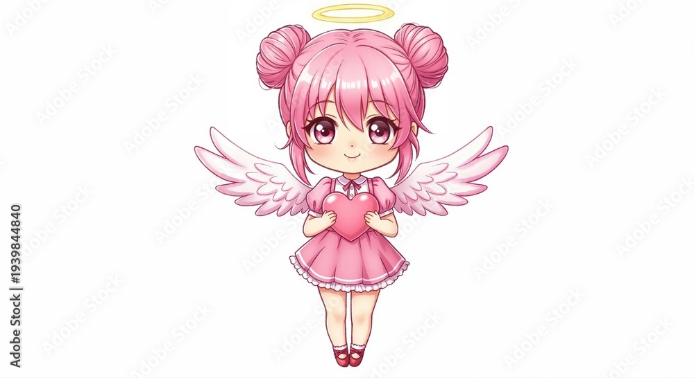 Fototapeta premium Angel of Affection: A sweet cartoon angel with pink hair, holding a heart, radiates love, and kindness. Adorned with wings and a halo, it embodies purity and compassion.