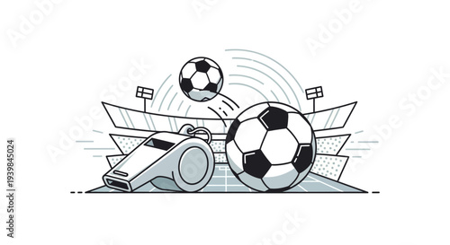 Illustration of soccer balls and referee equipment on a soccer field.