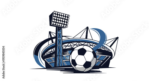Stylized soccer ball and stadium illustration with abstract design elements.