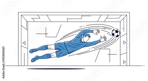 Goalkeeper diving to save a soccer ball in a goalmouth.