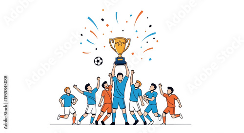 Soccer players celebrating victory with trophy.