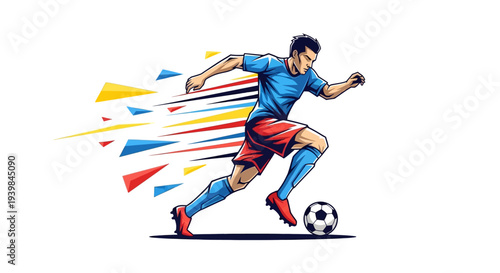 Dynamic soccer player kicking ball with motion blur effect.