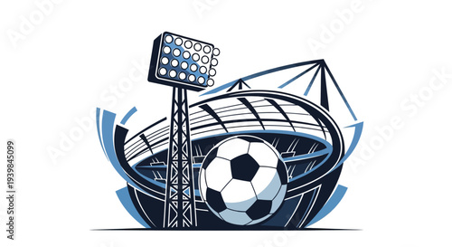 Illustration of a soccer ball in a stadium with a floodlight.