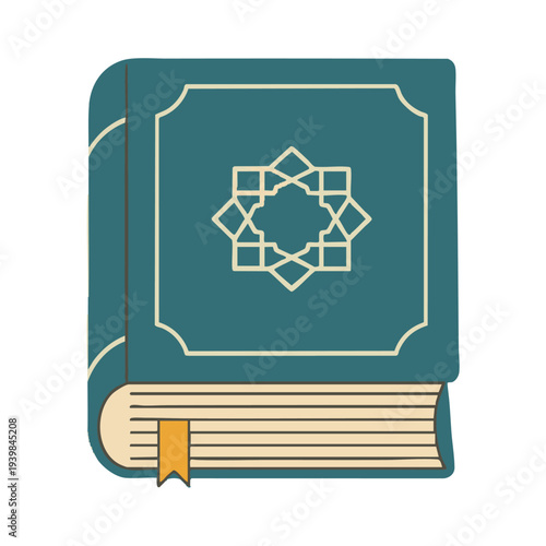 Simple flat vector of the Quran book, white background, no shadows, minimalist Islamic icon suitable for websites, apps, and stock images.