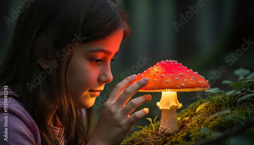 Enchanting Mushroom Discovery: A young girl gazes with curiosity and wonder at a vibrant, illuminated mushroom in a mystical forest setting, capturing a moment of childlike exploration. 