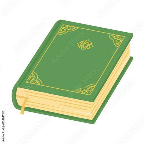 Simple flat vector of the Quran book, white background, no shadows, minimalist Islamic icon suitable for websites, apps, and stock images.