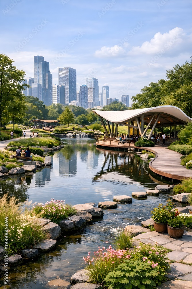 Fototapeta premium “Modern City Park with Lake and Skyline View” 🌿🏙️