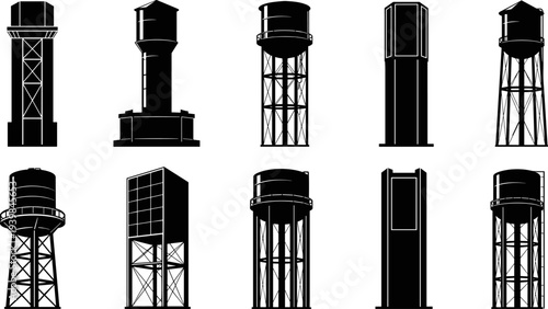 Set of Water Tower and Elevated Storage Tank Silhouettes with Various Structural Designs, Representing Municipal Infrastructure, Water Supply, and Public Utilities