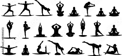 Set of Yoga and Meditation Silhouettes Showing Various Asanas, Including Sitting, Standing, and Balancing Poses, Representing Wellness, Harmony, and Fitness Exercises