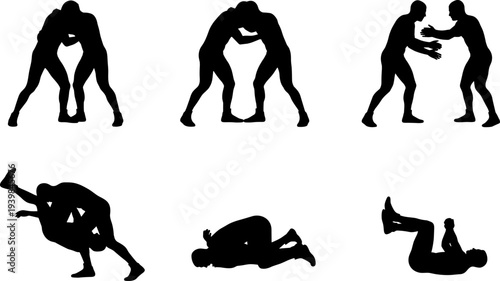 Set of wrestling silhouettes, vector illustration of two men fighting, grappling athletes in combat sports poses, martial arts fighters sparring, black isolated figures set