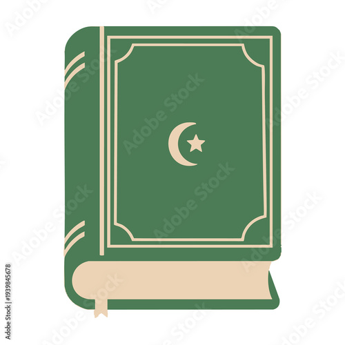 Simple flat vector of the Quran book, white background, no shadows, minimalist Islamic icon suitable for websites, apps, and stock images.