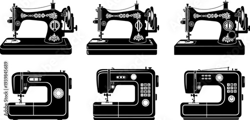Sewing machine silhouette collection, vintage and modern needlework equipment, textile hobby vector illustration, black and white fashion design tools, home craft manufacturing icons