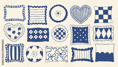 Decorative pillow collection in Mediterranean folk style. Hand drawn cushions. Trendy blue line vector set for home decor, textile design, interior branding and cozy lifestyle illustrations