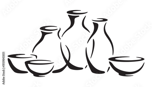 Artistic pottery vector illustration featuring ceramic vases and bowls in elegant black brushwork