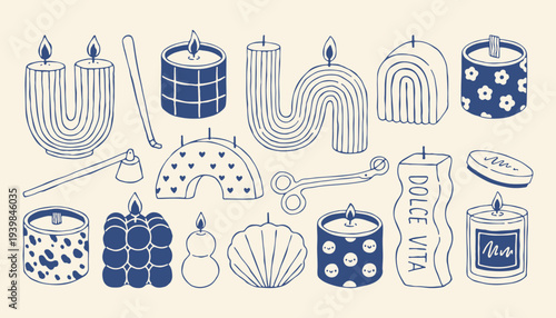 Modern sculptural candle vector set with abstract shapes, arches, waves and decorative containers. Trendy hand drawn blue line for interior decor, lifestyle branding, candle shops and packaging design