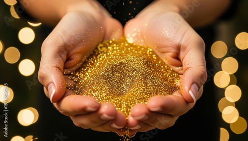Golden Glimmer in Hand: Close-up of hands holding gold glitter, creating a mesmerizing sparkle. The warm glow of the gold is a visual delight, hinting at luxury, elegance.