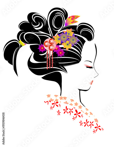 女性の顔、日本髪、着物