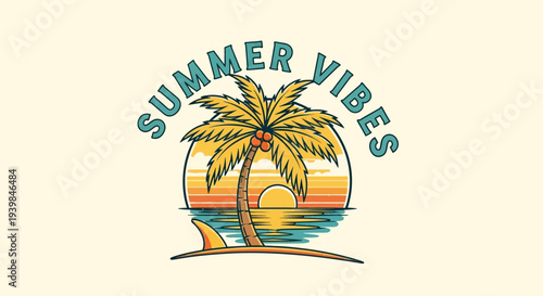 Retro Summer Vibes Design with Palm Tree, Sunset Ocean, and Surf Board on Isolated White Background