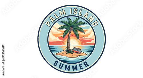 Palm Island Summer Tropical Vacation Logo Design.