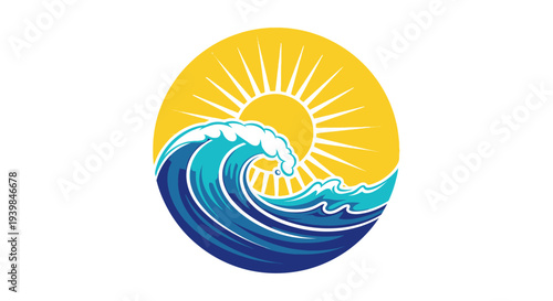 Stylized wave and sun illustration with vibrant colors and dynamic design.