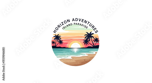 Horizon Adventures Island Paradise logo with beach and sunset.