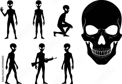 Silhouette illustration of aliens in multiple poses with large human skull design, mysterious extraterrestrial creatures, sci-fi fantasy concept, and dark horror theme artwork