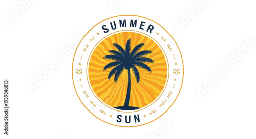 Summer sun symbol with palm tree in circular frame.