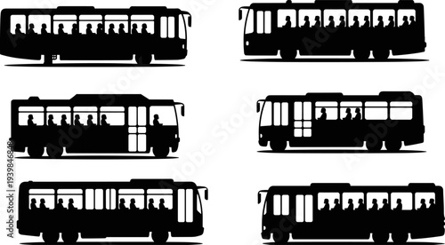Silhouette illustration of city buses with passengers sitting inside, urban public transportation concept, commute vehicle collection, travel, and transport service vector design