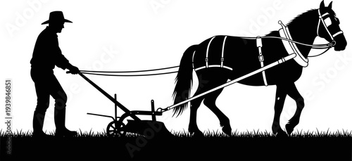 Silhouette illustration of farmer guiding horse-drawn plow across field, traditional rural agriculture scene showing vintage farming method, manual labor, and countryside cultivation work