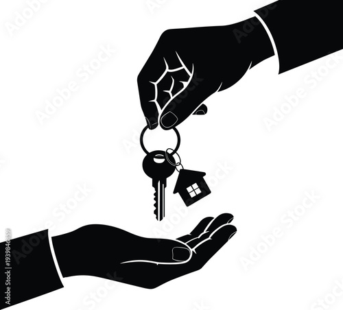 Silhouette illustration of hands exchanging house key, concept of real estate transaction, home ownership, rental agreement, property sale and investment