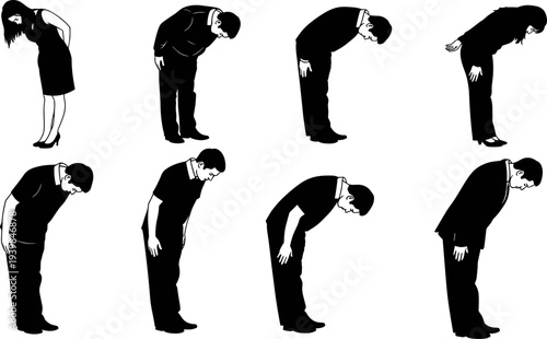 Silhouette illustration set of men and women bowing forward in respect, apology, or fatigue, showcasing body language, posture, humility, and social gesture concepts.