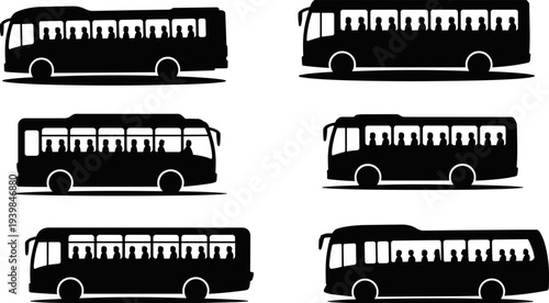 Silhouette illustration of passenger buses with people sitting inside, public transport concept, travel, city transportation, and commute vehicle vector design