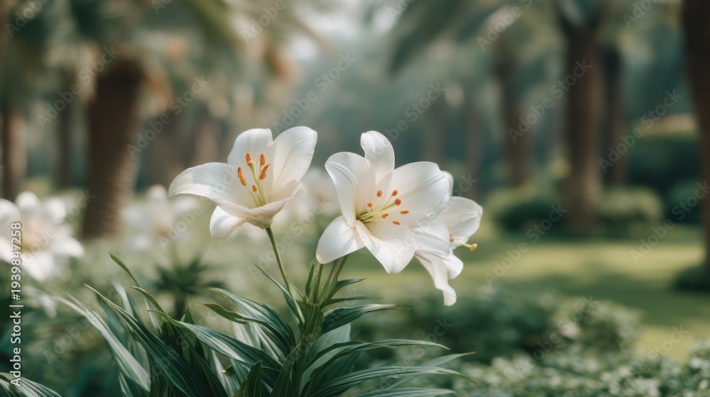 Fototapeta premium Elegant White Lilies Blooming in a Lush Garden Surrounded by Palm Trees and Natural Serenity