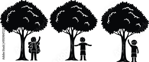 Children silhouettes standing under trees in park scene, playful kids outdoor activity illustration representing childhood, nature, school life and environmental awareness concept