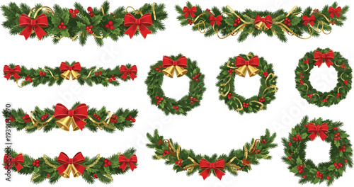 Collection of Christmas wreaths and garlands with red bows, golden bells and holly berries isolated on white, festive evergreen decoration vector set for holiday design