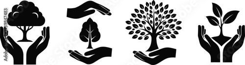 Hands holding trees and plant silhouettes representing environmental protection, sustainability and eco care concept, nature conservation icons isolated on white background vector set