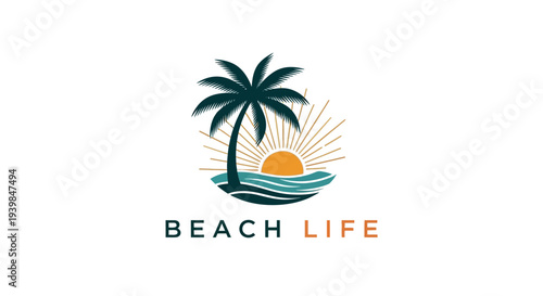 Stylized Beach Life Logo with Palm Tree and Sunset Elements.