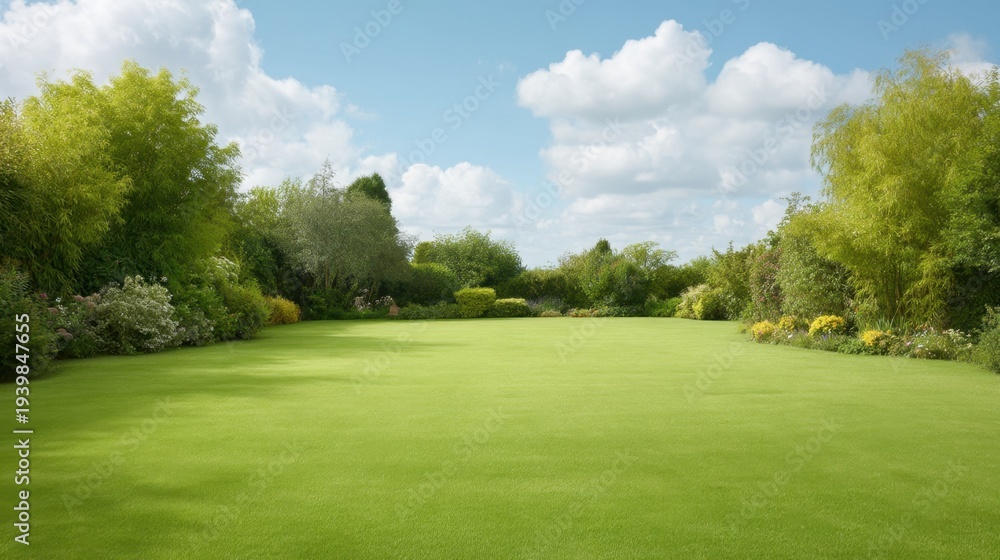 Obraz premium Expansive Lush Green Lawn Surrounded by Beautiful Trees and Colorful Flowers Under a Bright Blue Sky with Fluffy Clouds