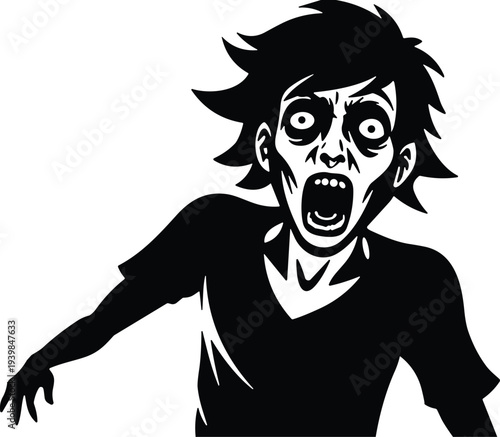 Scary zombie silhouette with screaming face and horror expression isolated on white background, spooky undead character illustration for Halloween, horror design and thriller themes
