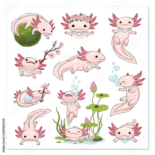 Cute Axolotl Cartoon Characters in Various Poses and Environments.