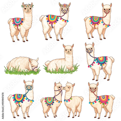 Cute Cartoon Llamas and Alpacas Collection with Colorful Decorations.