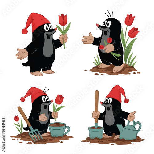 Cute Little Mole Krtek Cartoon Character with Red Hat and Tulips.