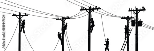 Silhouette of electrical workers repairing power lines on utility poles, maintenance team working safely with tools and equipment for electricity service illustration